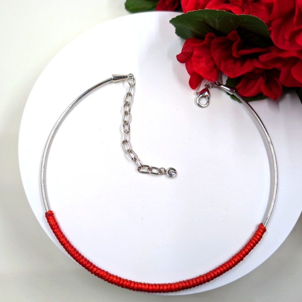 C1946 Signed Vintage Rigid Collar Necklace with Red Twine